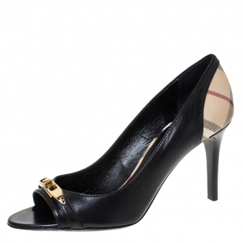 Pre Owned Burberry Black Leather And Nova Check Canvas Bayning Open Toe Pumps Size 37
