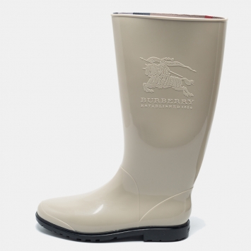 Pre Owned Burberry Grey Rubber Equestrian Knight Rain Boots Size 38