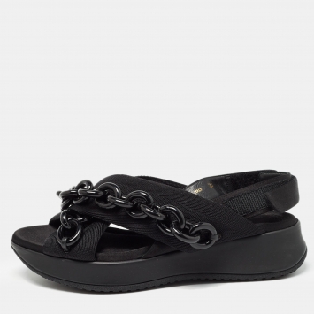 Pre Owned Burberry Black Fabric Chain Detail Flat Sandals Size 37