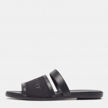 Pre Owned Burberry Black Leather and Canvas Honour Flat Sandals Size 38