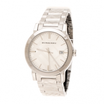 Pre Owned Burberry Silver Check Stamped Stainless Steel The City BU9037 Unisex Wristwatch 38 mm