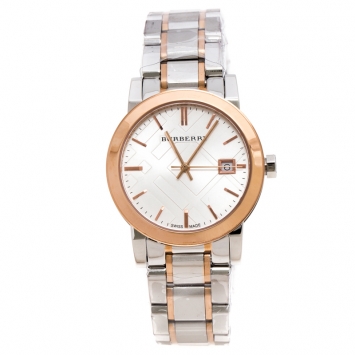 Pre Owned Burberry Silver White Two Tone Stainless Steel BU9105 Women's Wristwatch 34 mm