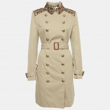 Burberry Prorsum Beige Embellished Cotton Gabardine Trench Coat M
