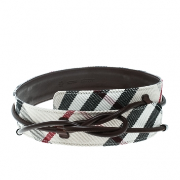 Pre Owned Burberry Off White/Brown Check Fabric and Leather Rope Detail Belt 80 cm