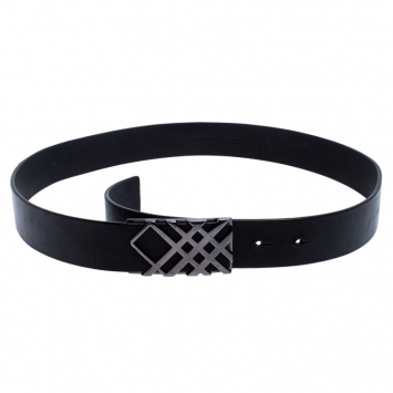 Pre Owned Burberry Black Leather Check Buckle Belt 80CM