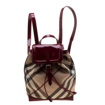 Pre Owned Burberry Beige/Red PVC and Patent Leather Backpack