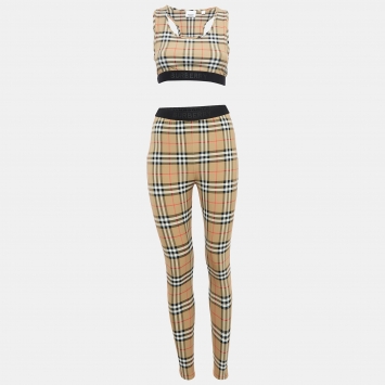 Pre Owned Burberry Brown Checked Jersey Leggings Set S/M