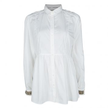 Pre Owned Burberry White Cotton Embellished Cuff Detail Gathered Long Sleeve Shirt L