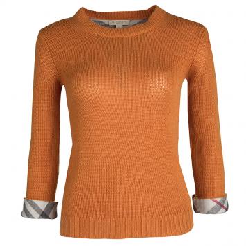Pre Owned Burberry Brit Orange Wool Cashmere Novacheck Cuff Detail Sweater XS
