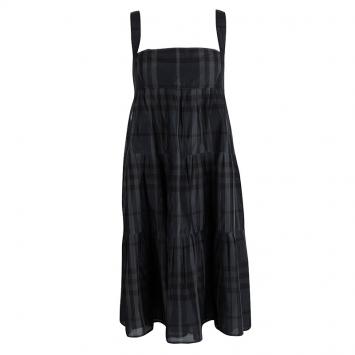 Pre Owned Burberry London Navy Blue Checkered Cotton Silk Tiered Sleeveless Dress M
