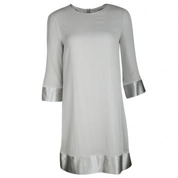 Pre Owned Burberry London Pale Grey Silk Pleated Satin Trim Shift Dress S