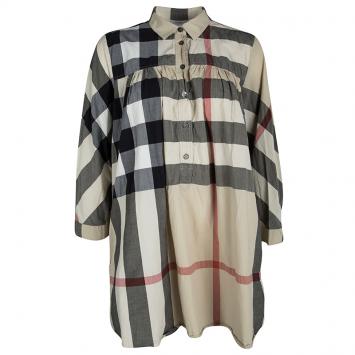 Pre Owned Burberry Beige  Novacheck Cotton Gathered Long Sleeve Tunic L