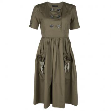 Pre Owned Burberry Olive Green Cotton Tie Detail Short Sleeve Trench Dress M