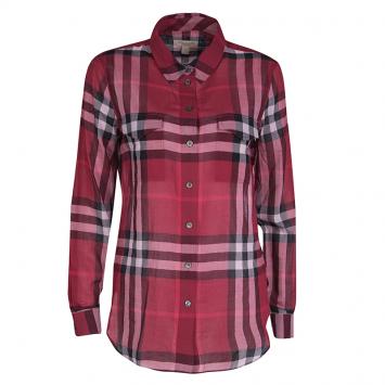 Pre Owned Burberry Brit Red Checked Cotton Voile Long Sleeve Button Front Shirt S
