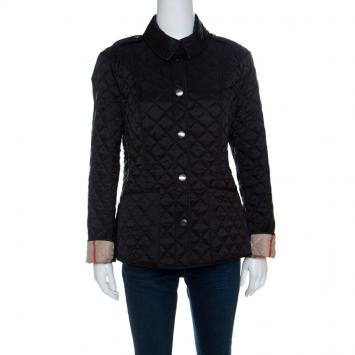Pre Owned Burberry Brit Matte Black Diamond Quilted Button Front Jacket L