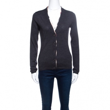 Pre Owned Burberry Brit Grey Wool Novacheck Trim Detail Cardigan S