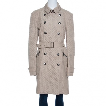 Pre Owned Burberry London Beige Diamond Quilted Belted Long Trench Coat L