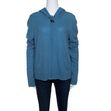Pre Owned Burberry Brit Blue Cashmere Zip Front Hooded Sweater XL