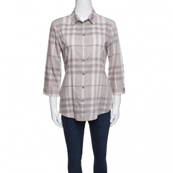 Pre Owned Burberry Brit Smoked Grey Checked Cotton Long Sleeve Button Front Shirt M