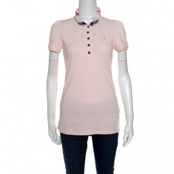 Pre Owned Burberry London Pink Checked Collar Detail Honeycomb Knit Polo T-Shirt S