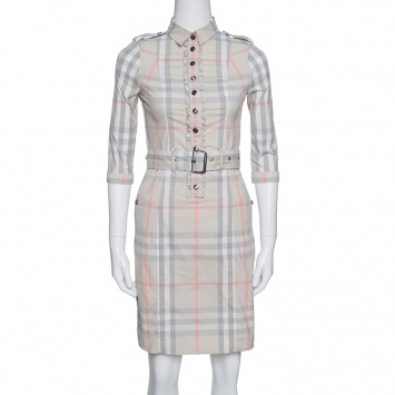 Pre Owned Burberry Brit Beige Novacheck Ruffle Detail Belted Dress XS