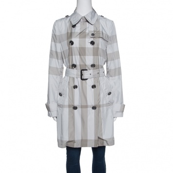 Pre Owned Burberry Grey Checked Short Belted Double Breasted Trench Coat M