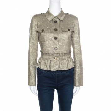 Pre Owned Burberry London Metallic Gold Ruffled Frayed Trim Cropped Jacket S