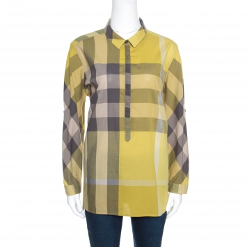Pre Owned Burberry Brit Grey and Mustard Novacheck Cotton Ruched Placket Detail Shirt L
