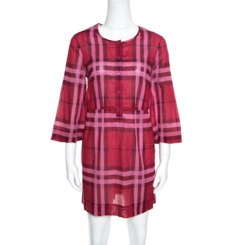 Pre Owned Burberry Brit Red Cotton Check Long Sleeve Tunic Dress S