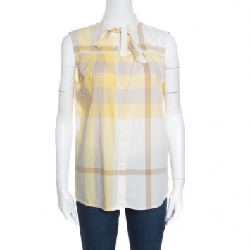 Pre Owned Burberry Brit Multicolor Checked Cotton Neck Tie Detail Sleeveless Blouse L