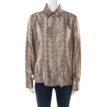 Pre Owned Burberry London Beige Logo Printed Silk Long Sleeve Button Front Shirt XL
