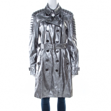 Pre Owned Burberry London Metallic Lamb Leather Belted Trench Coat M