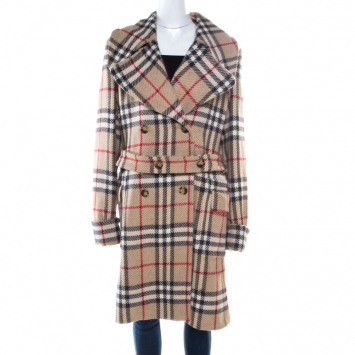 Pre Owned Burberry London Beige Checked Wool Double Breasted Belted Blackheath Coat L