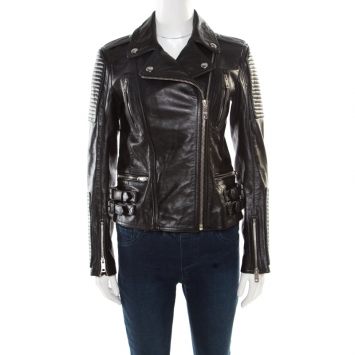 Pre Owned Burberry Brit Black Leather Ribbed Panel Detail Biker Jacket S