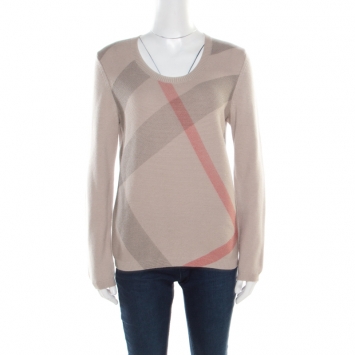 Pre Owned Burberry Brit Beige Cashmere Wool Exploded Check Printed Scoop Neck Pullover M