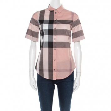 Pre Owned Burberry Brit Pink Checked Cotton Short Sleeve Shirt XXS