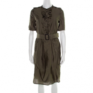 Pre Owned Burberry London Olive Green Ruffle Trim Belted Short Sleeve Dress S 