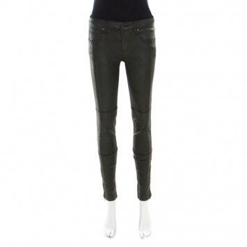 Pre Owned Burberry Brit Deep Olive Green Coated Denim Paneled Skinny Ankle Jeans M