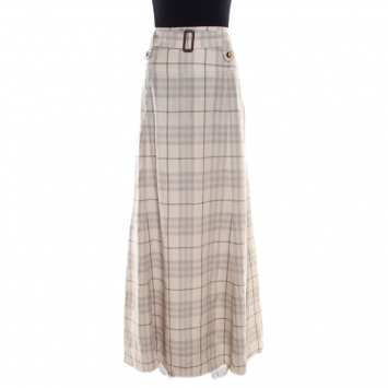 Pre Owned Burberry London Beige Checked Linen Belted Maxi Skirt L