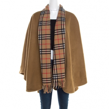 Pre Owned Burberry Camel Brown Novacheck Detail Fringed Bottom Cape
