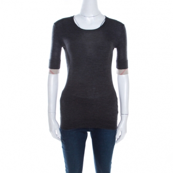 Pre Owned Burberry Brit Dark Grey Merino Wool Novacheck Trim Sweater Top S