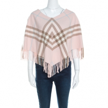 Pre Owned Burberry Pale Pink Novacheck Cashmere Fringed Poncho ( One Size )