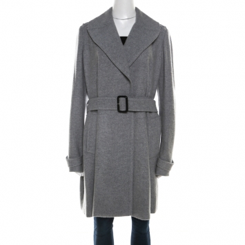 Pre Owned Burberry Grey Cashmere Belted Wrap Mid Length Coat L 