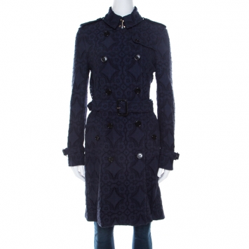 Pre Owned Burberry London Navy Blue Lace Double Breasted Trench Coat S