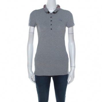 Pre Owned Burberry Brit Grey Honeycomb Knit Novacheck Collar Detail Polo T-Shirt XS