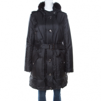 Pre Owned Burberry Black Fur Trim Hooded Puffer Jacket M