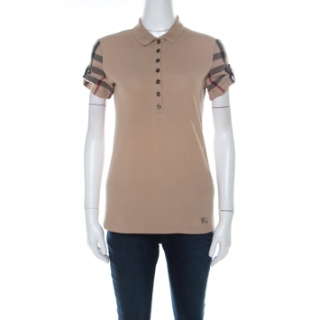 Pre Owned Burberry Beige Cotton Pique Knit Novacheck Sleeve Polo T-Shirt S
