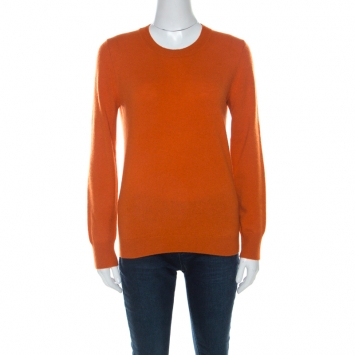 Pre Owned Burberry Brit Orange Cashmere Elbow Patch Detail Crew Neck Sweater S