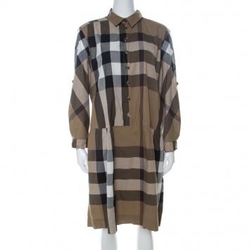 Pre Owned Burberry Brit Brown Novacheck Cotton Drop Waist Dress M