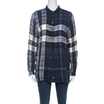 Pre Owned Burberry Navy Blue Black & White Tartan Wool Blend Shirt L